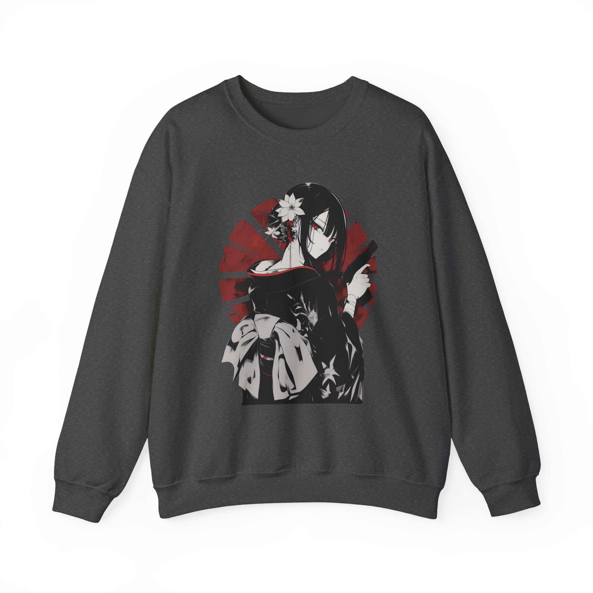 Anime sweatshirt with assassin girl in kimono holding gun, red aesthetic design.