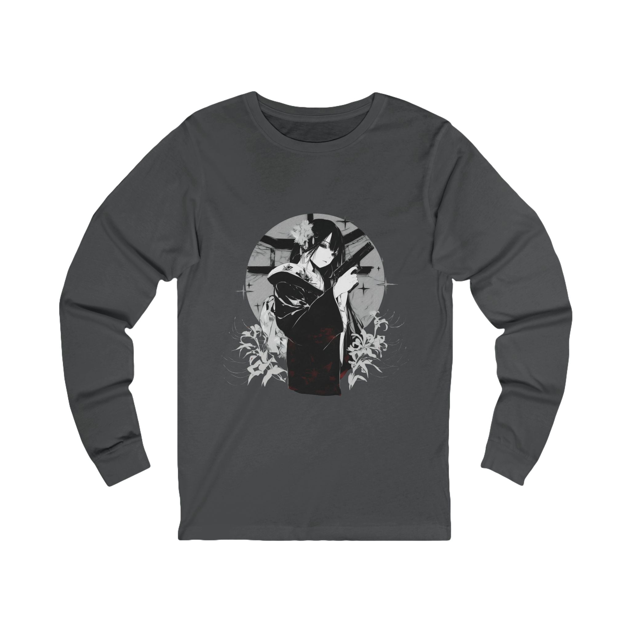 Crimson Silence Black Dahlia anime long sleeve shirt with woman in black kimono, handgun, lilies and circular backdrop