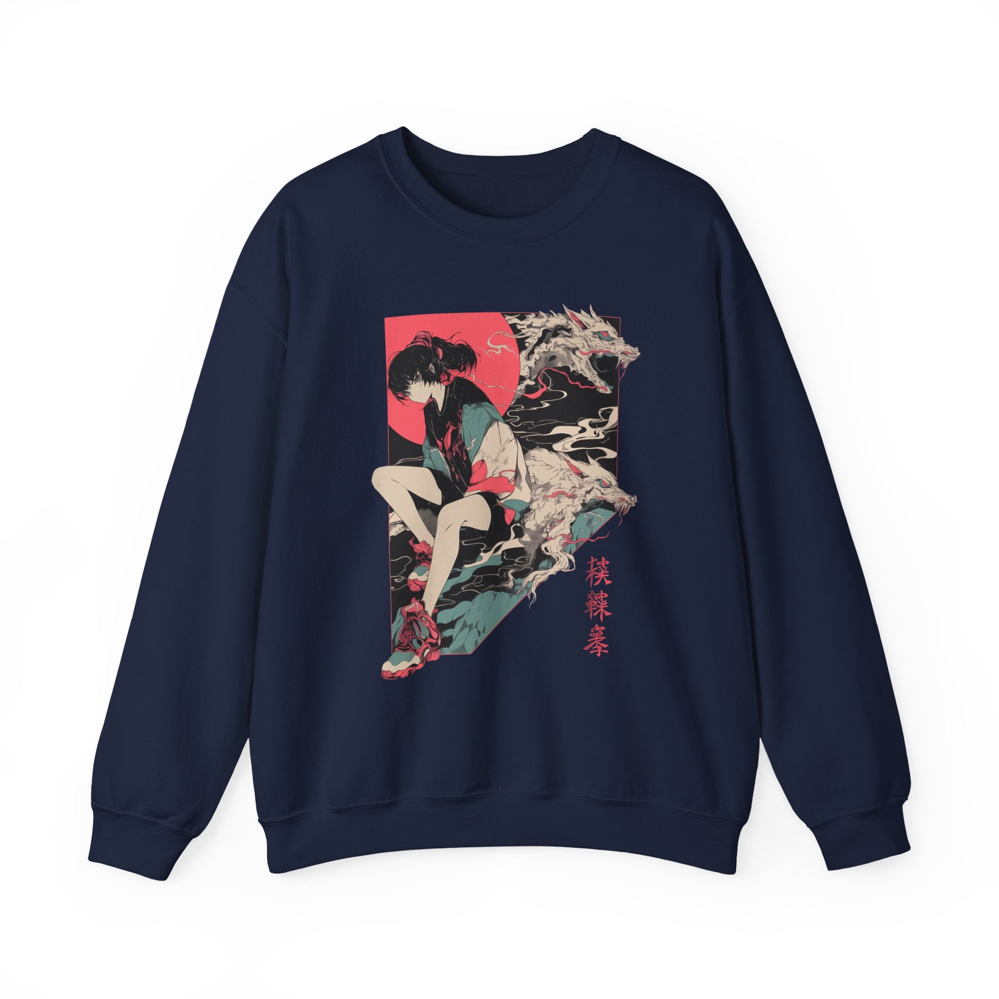 Neon Oni Dragon’s Echo anime sweatshirt with casual girl and dragon spirits, neon red sun background