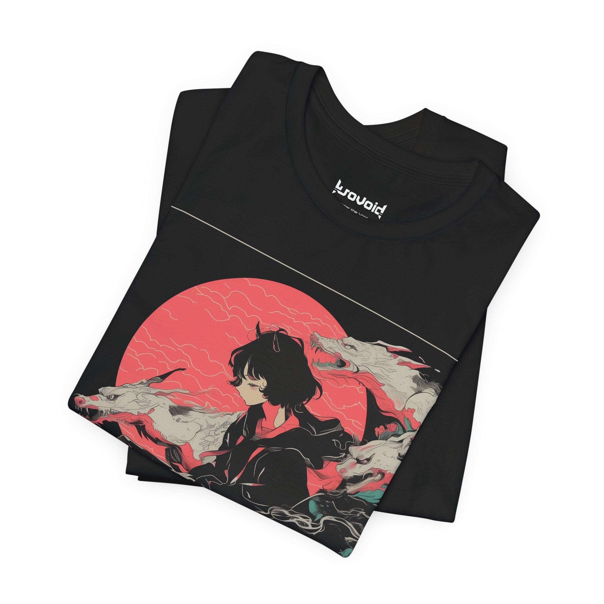 Neon Oni Moon’s Veil anime T-shirt featuring horned girl in streetwear with dragon spirits and neon red moon