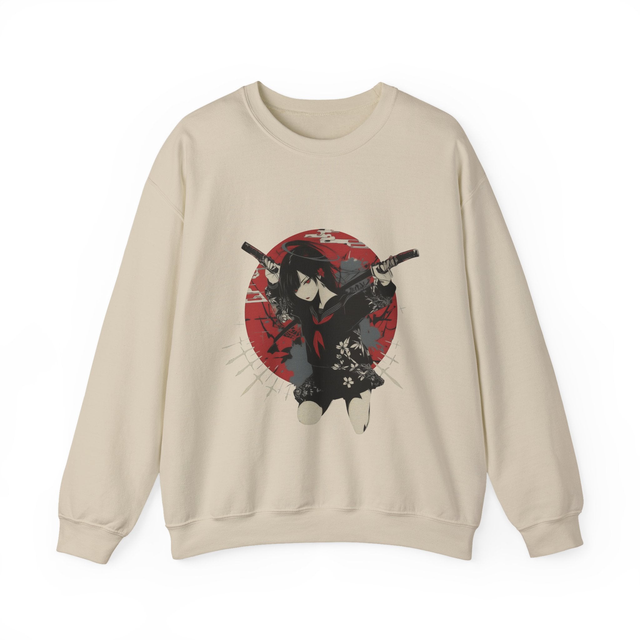Crimson Silence Blade of Vengeance anime sweatshirt featuring haloed girl with dual swords in front of red Japanese backdrop