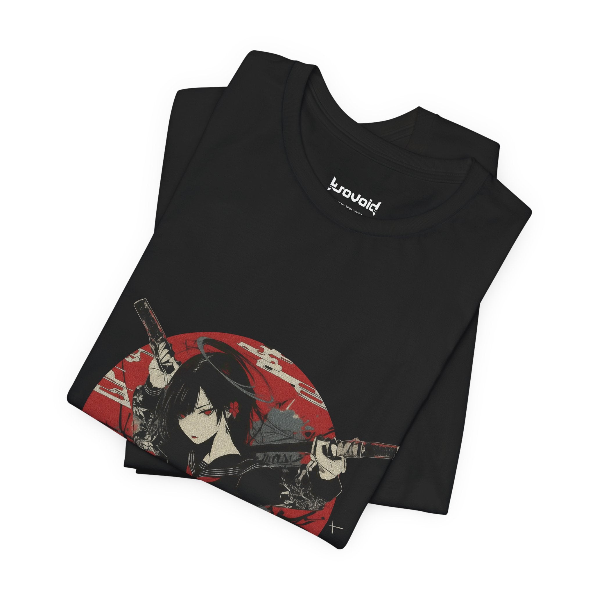 Crimson Silence Blade of Vengeance anime T-shirt featuring girl in black seifuku with dual katanas and red circular backdrop