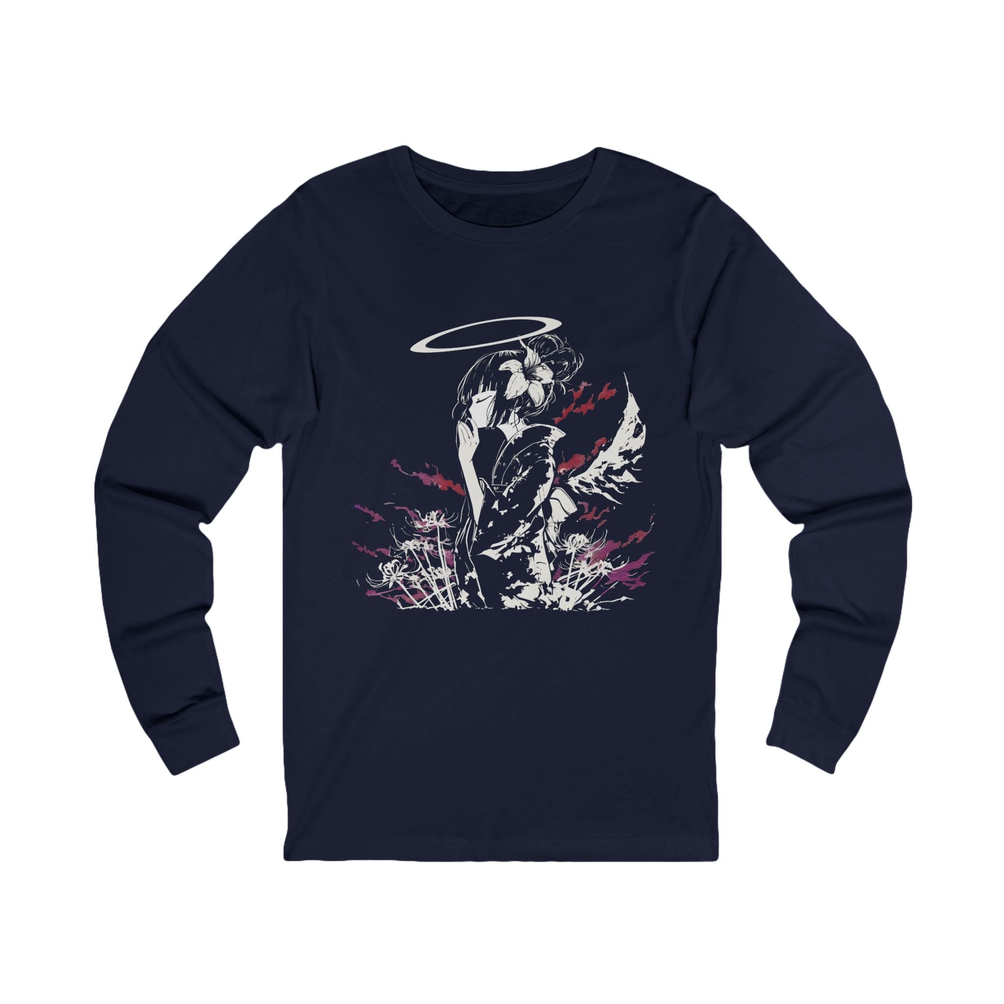 Celestial Oni Silent Bloom anime long sleeve shirt with haloed girl in kimono, spider lilies, and purple accents”
