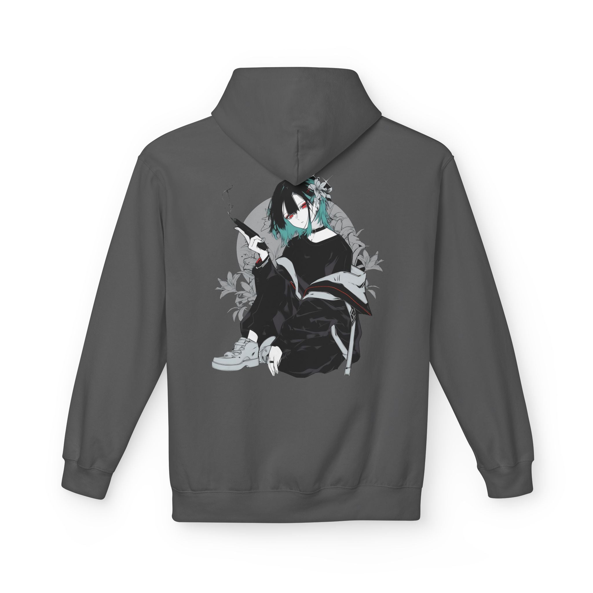 Crimson Silence Smoke Lily anime hoodie with modern girl in oversized jacket, handgun, and lily background