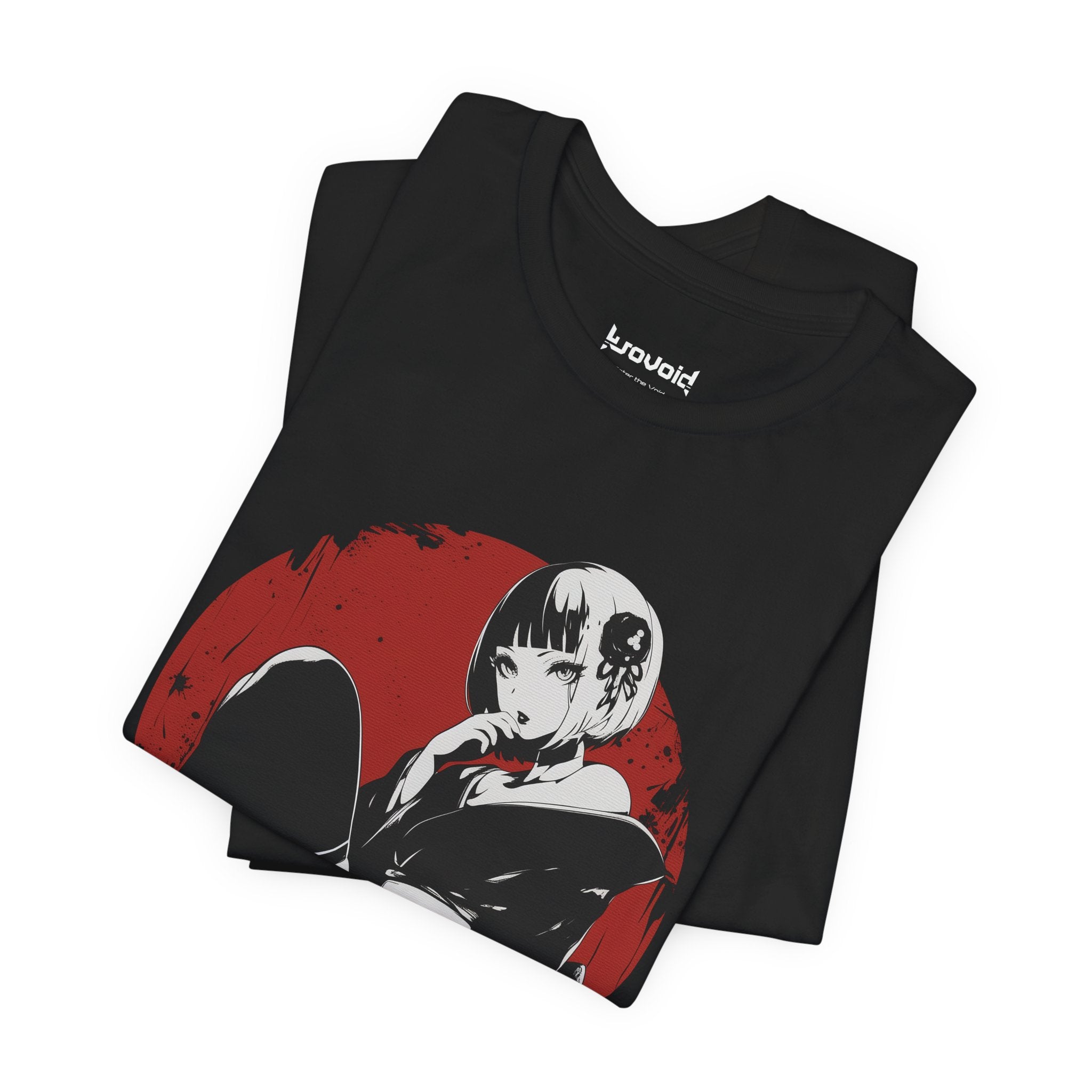 Crimson Silence Scarlet Veil anime T-shirt featuring femme fatale in kimono, thigh-high stockings, and red backdrop