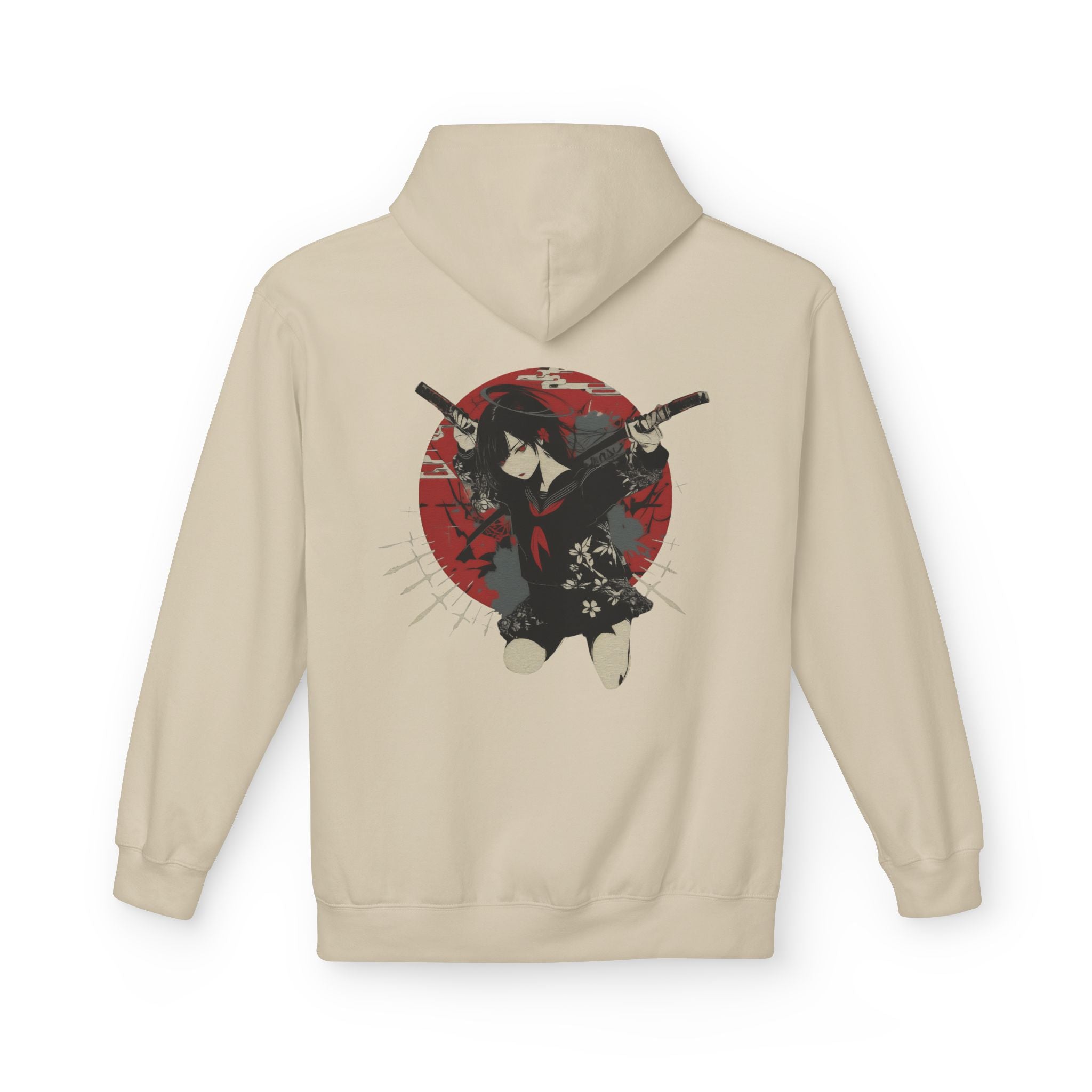 Crimson Silence Blade of Vengeance anime hoodie with schoolgirl warrior holding dual katanas, red backdrop and halo