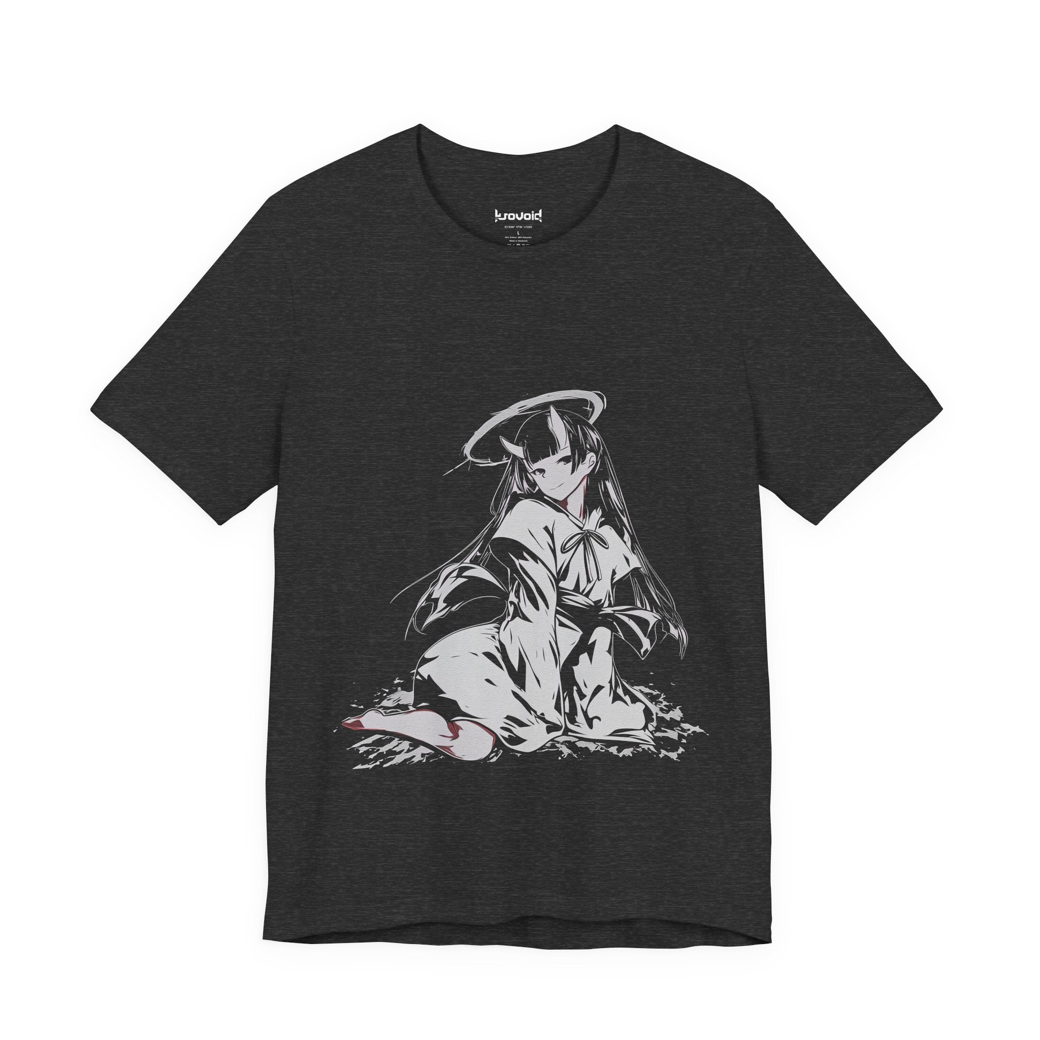 Celestial Oni anime design featuring horned girl with halo in robes on T-shirt