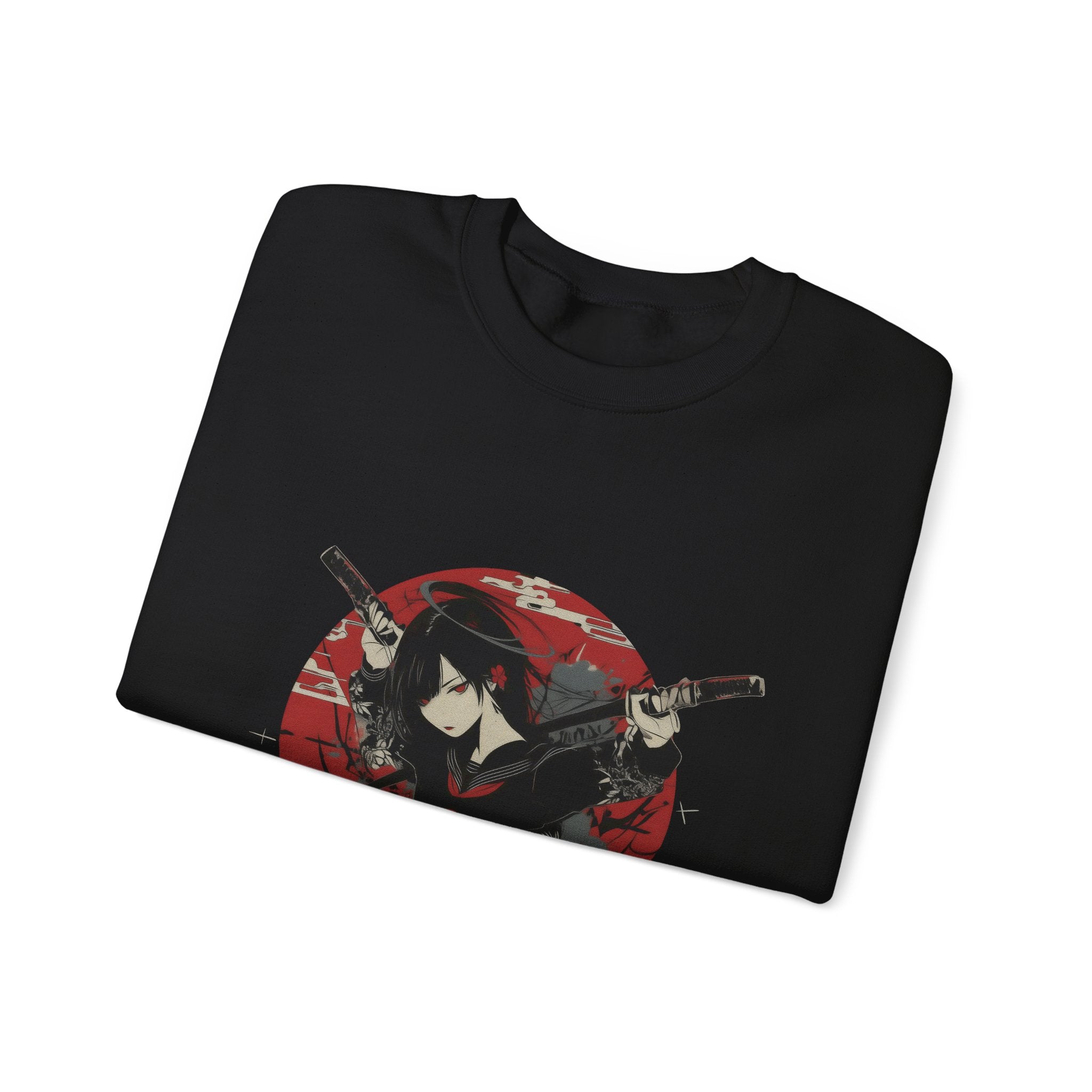 Crimson Silence Blade of Vengeance anime sweatshirt featuring haloed girl with dual swords in front of red Japanese backdrop