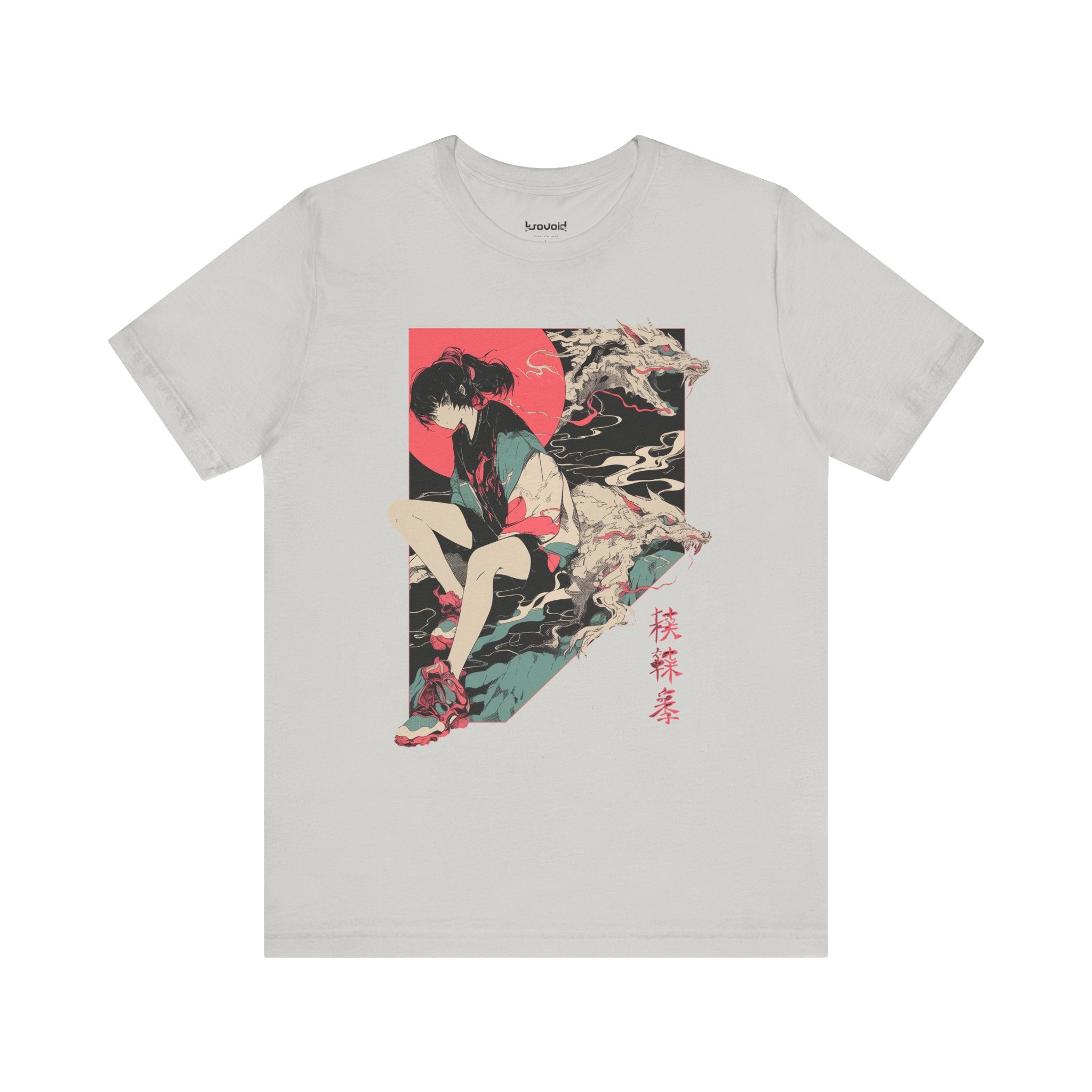 Neon Oni Dragon’s Echo anime T-shirt with modern girl in sneakers, twin dragon spirits, and red sun backdrop