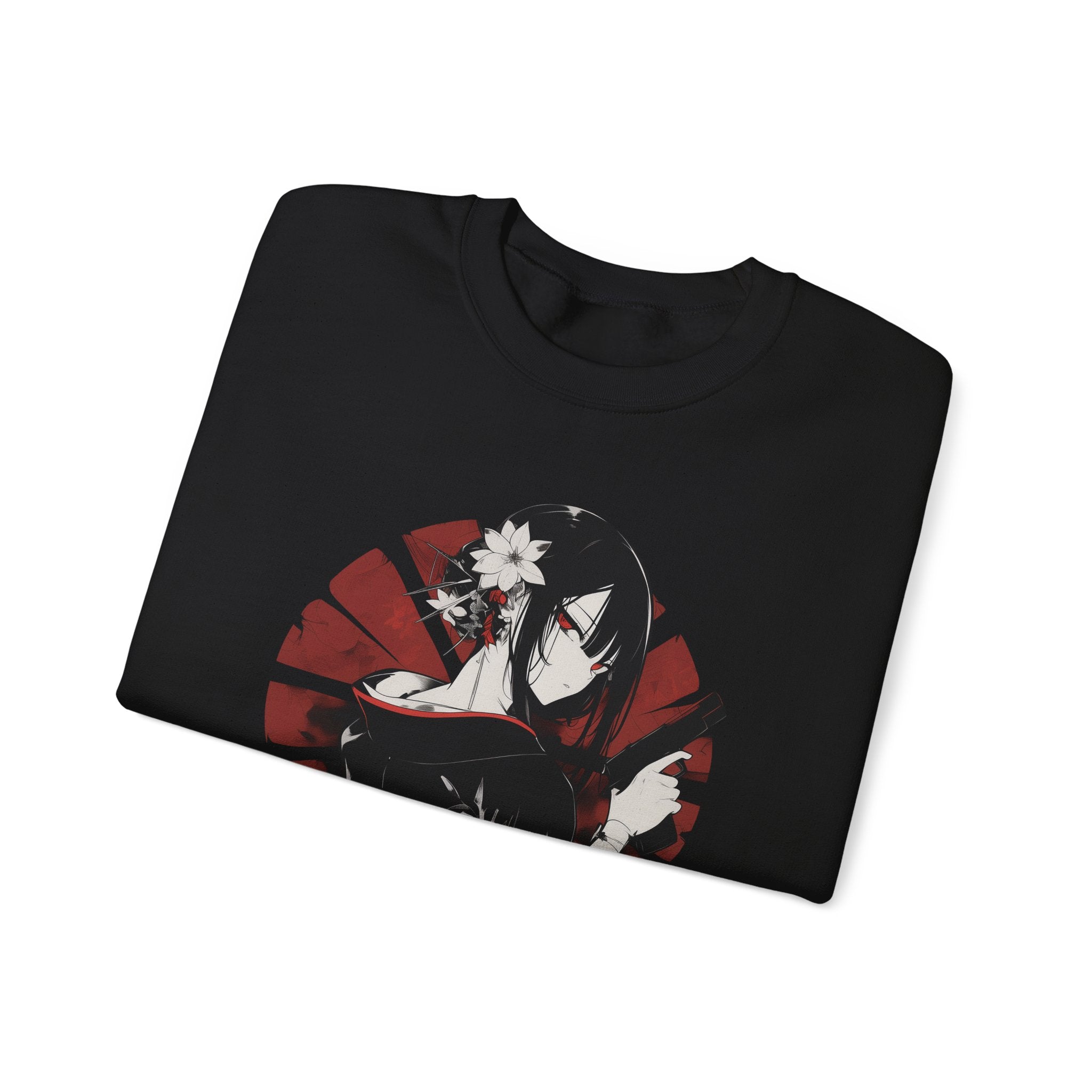 Anime sweatshirt with assassin girl in kimono holding gun, red aesthetic design.
