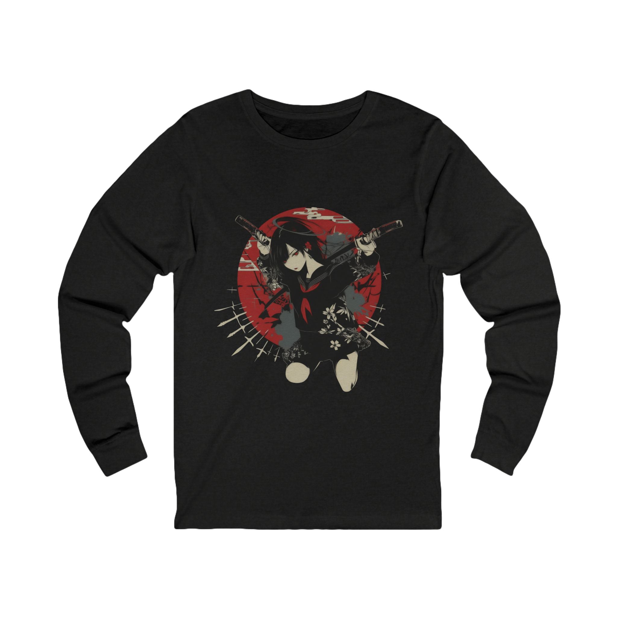 Crimson Silence Blade of Vengeance anime long sleeve shirt with dual katana girl, halo, and red Japanese circle backdrop