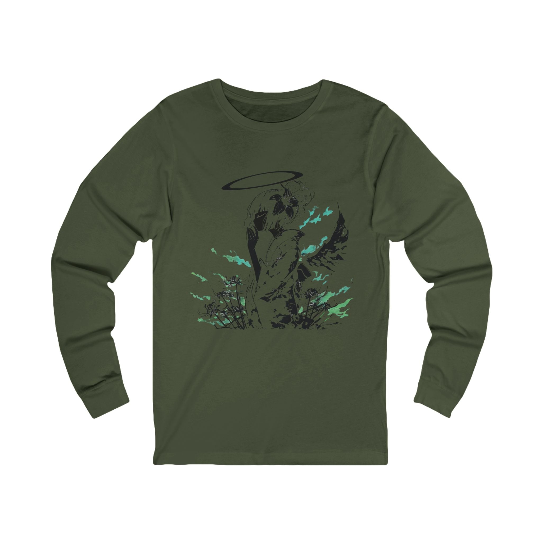 Celestial Oni Silent Bloom anime long sleeve shirt with haloed girl in kimono, spider lilies, and purple accents”