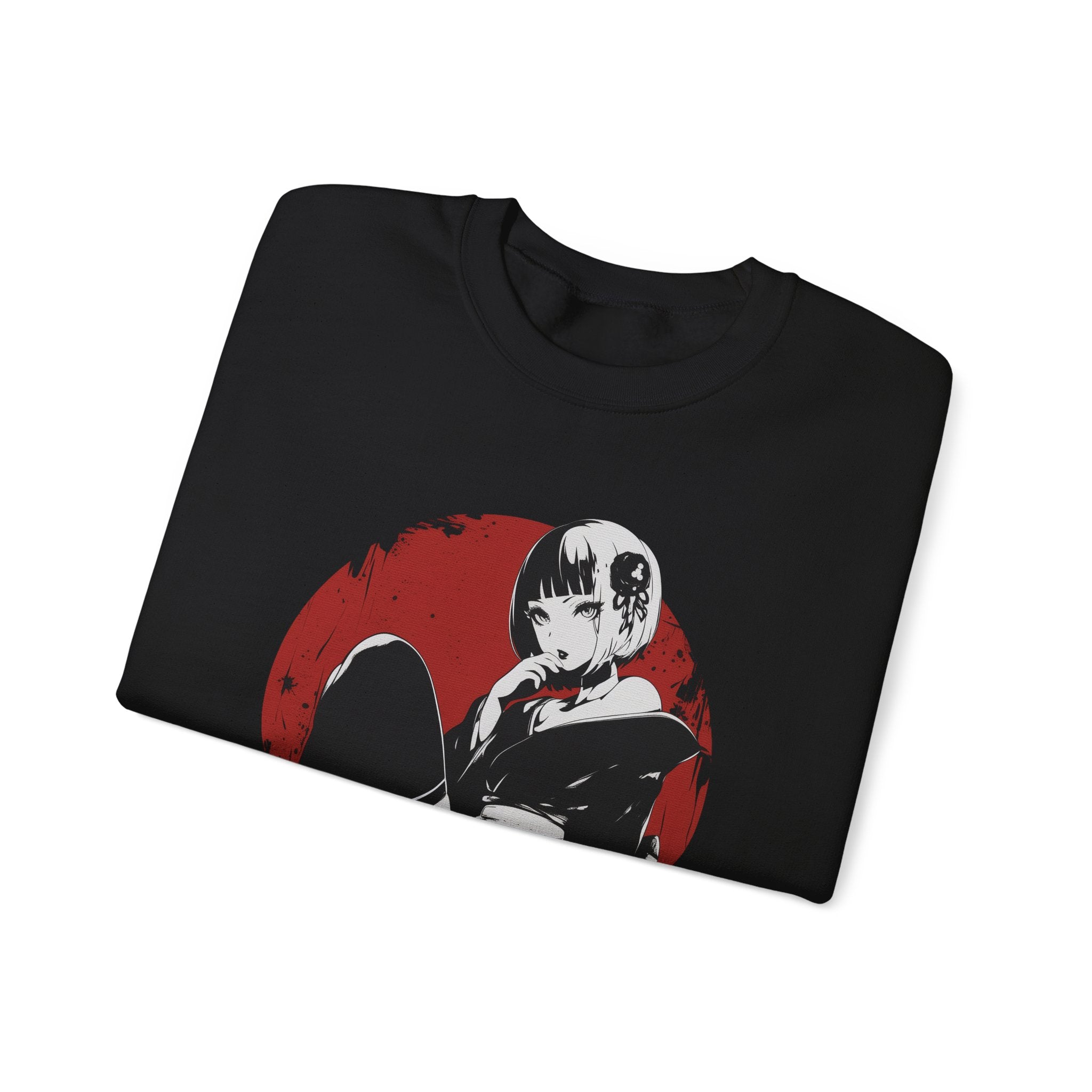 Crimson Silence Scarlet Veil anime sweatshirt featuring seductive kimono girl with red circle backdrop and floral motifs