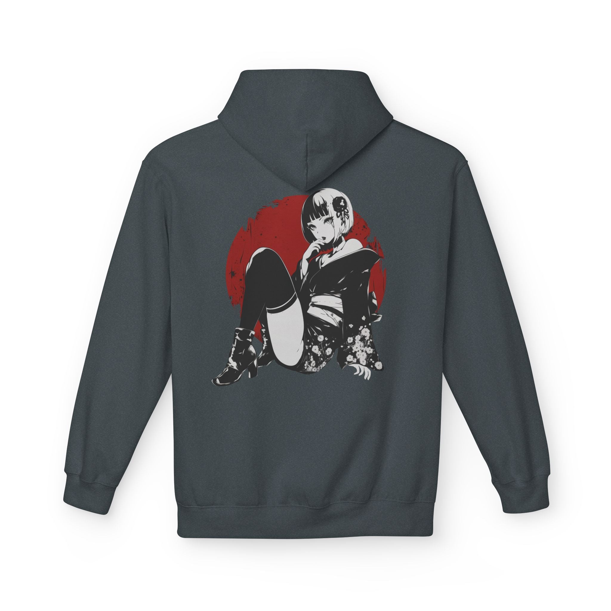 Crimson Silence Scarlet Veil anime hoodie with noir femme fatale in short kimono, floral details, and red circle backdrop