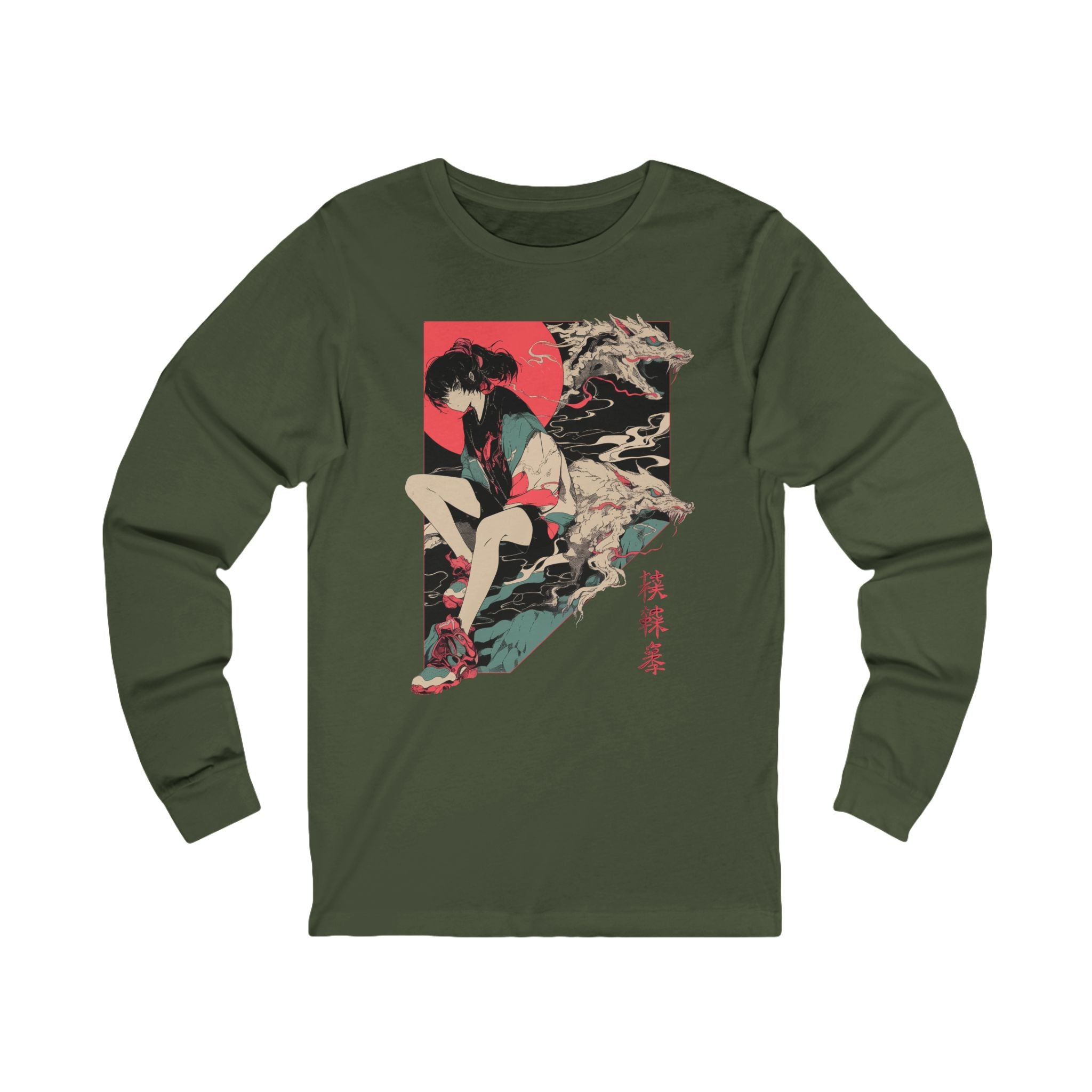 Neon Oni Dragon’s Echo anime long sleeve shirt featuring girl in sneakers and oversized jacket with dragon spirits and neon sun