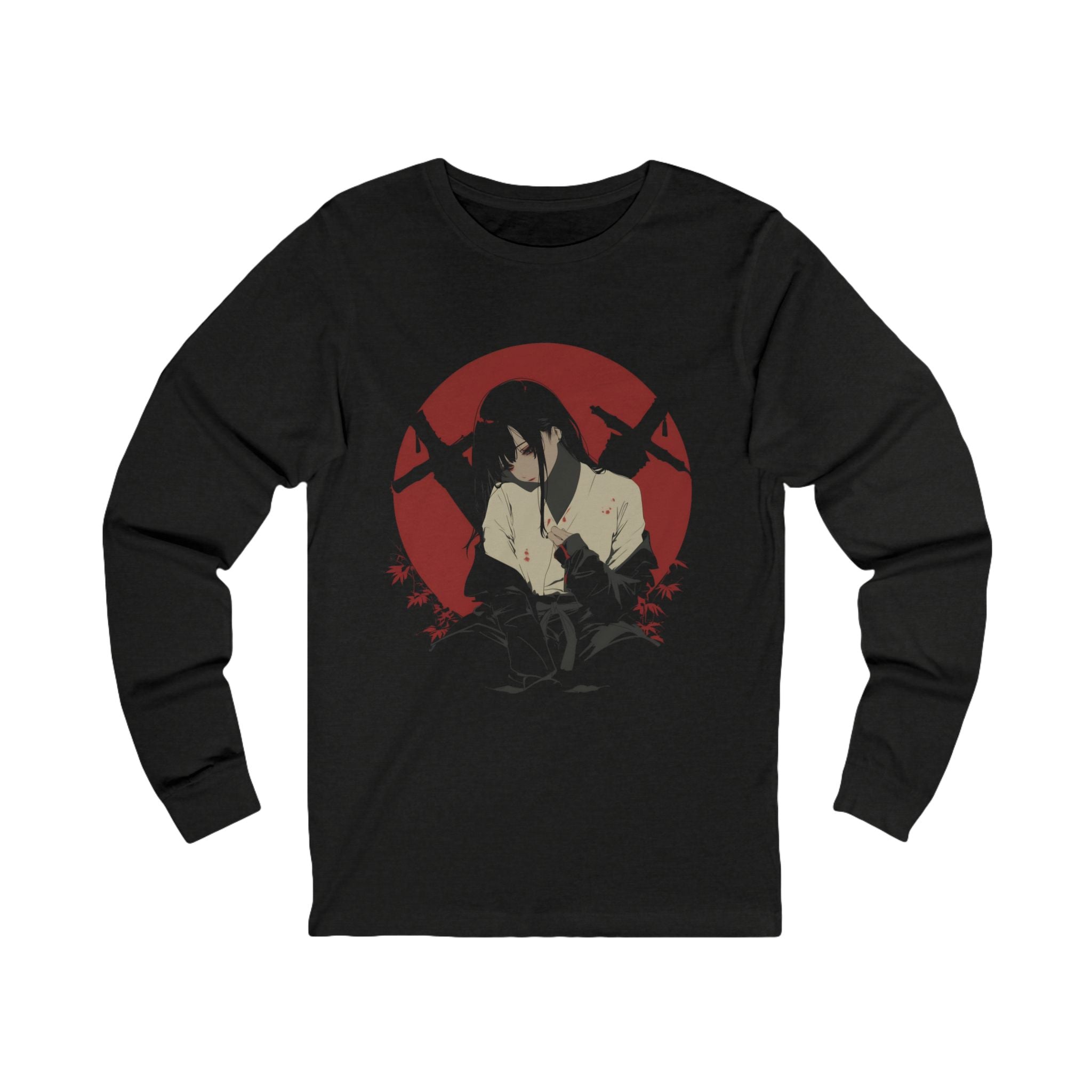 Crimson Silence Aftermath anime long sleeve shirt with melancholic girl, bloodstained clothes, rifles, and red backdrop
