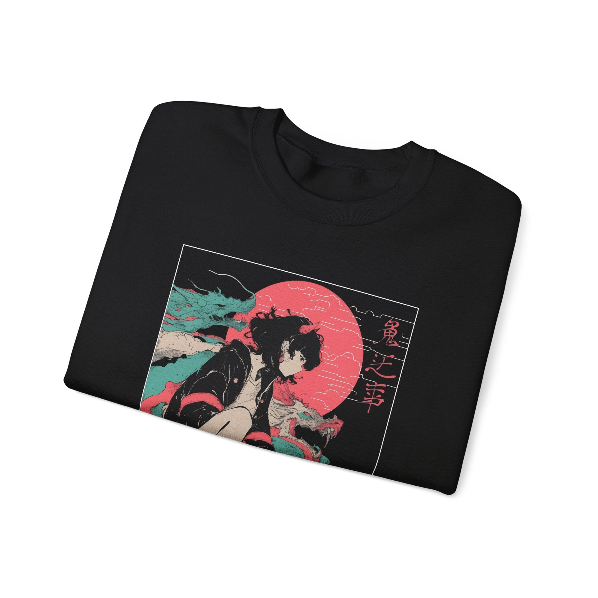Neon Oni Street Spirit anime sweatshirt with horned girl, sneakers, neon sun, and dragon smoke design