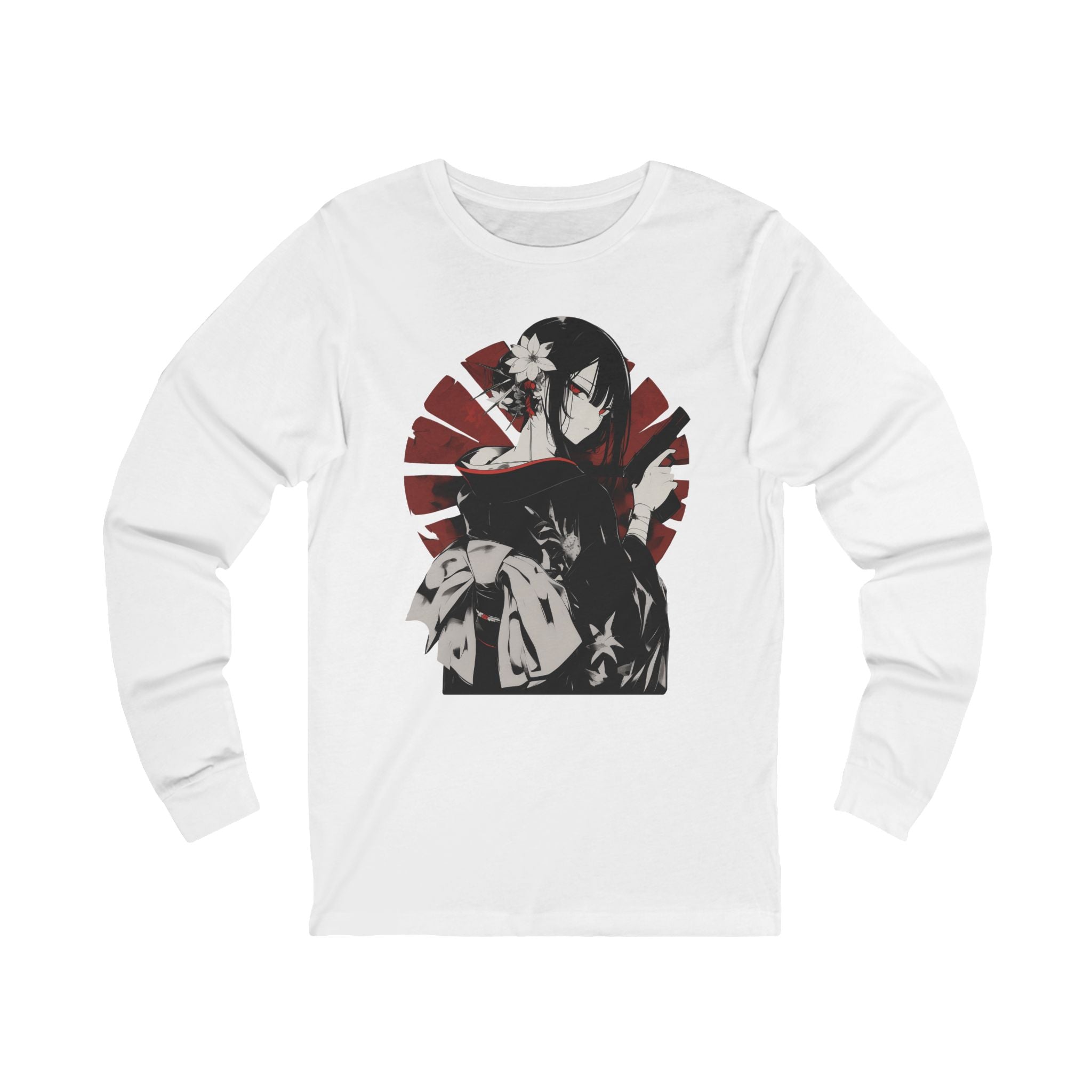 Long sleeve anime tee with kimono assassin girl and red sun Japanese design.