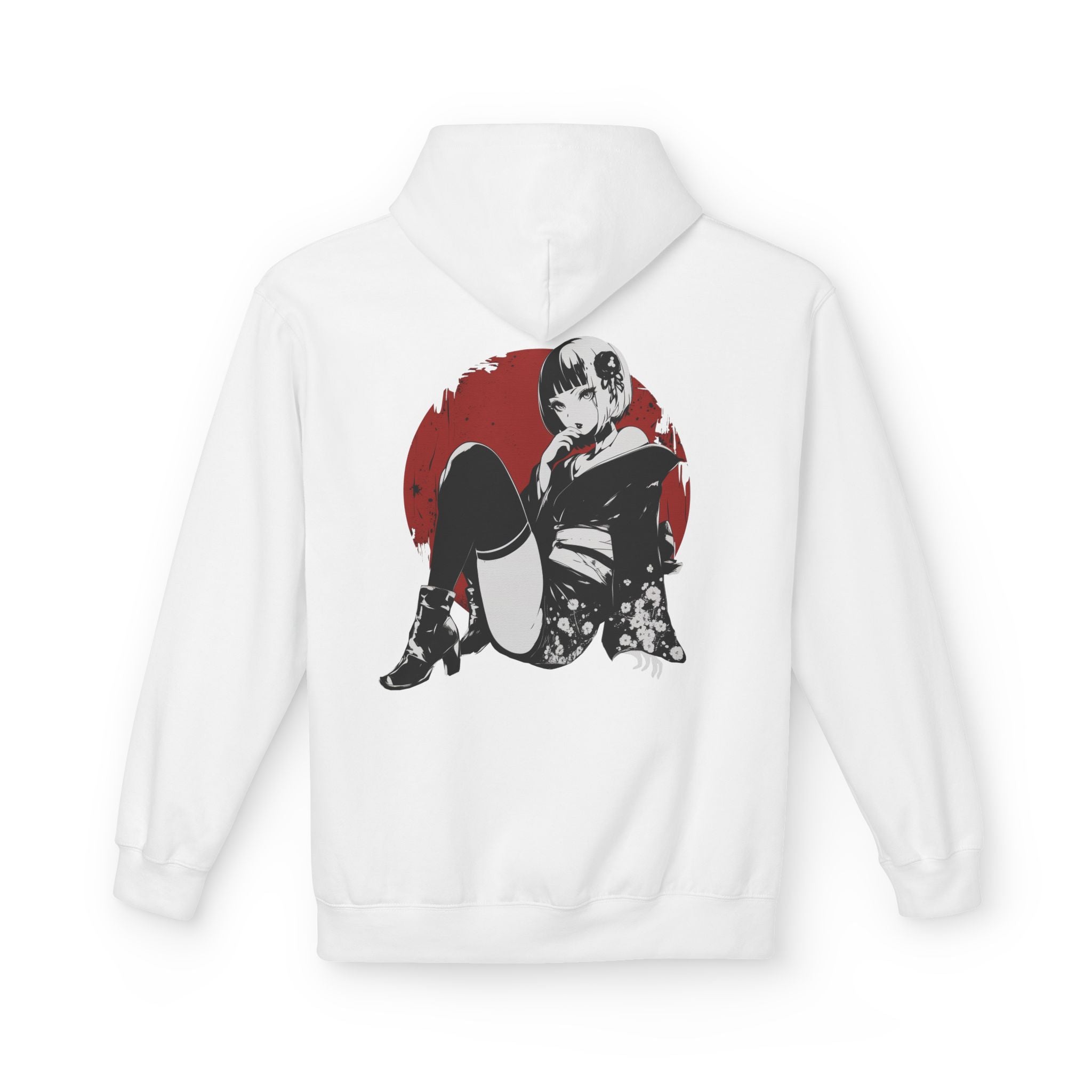 Crimson Silence Scarlet Veil anime hoodie with noir femme fatale in short kimono, floral details, and red circle backdrop