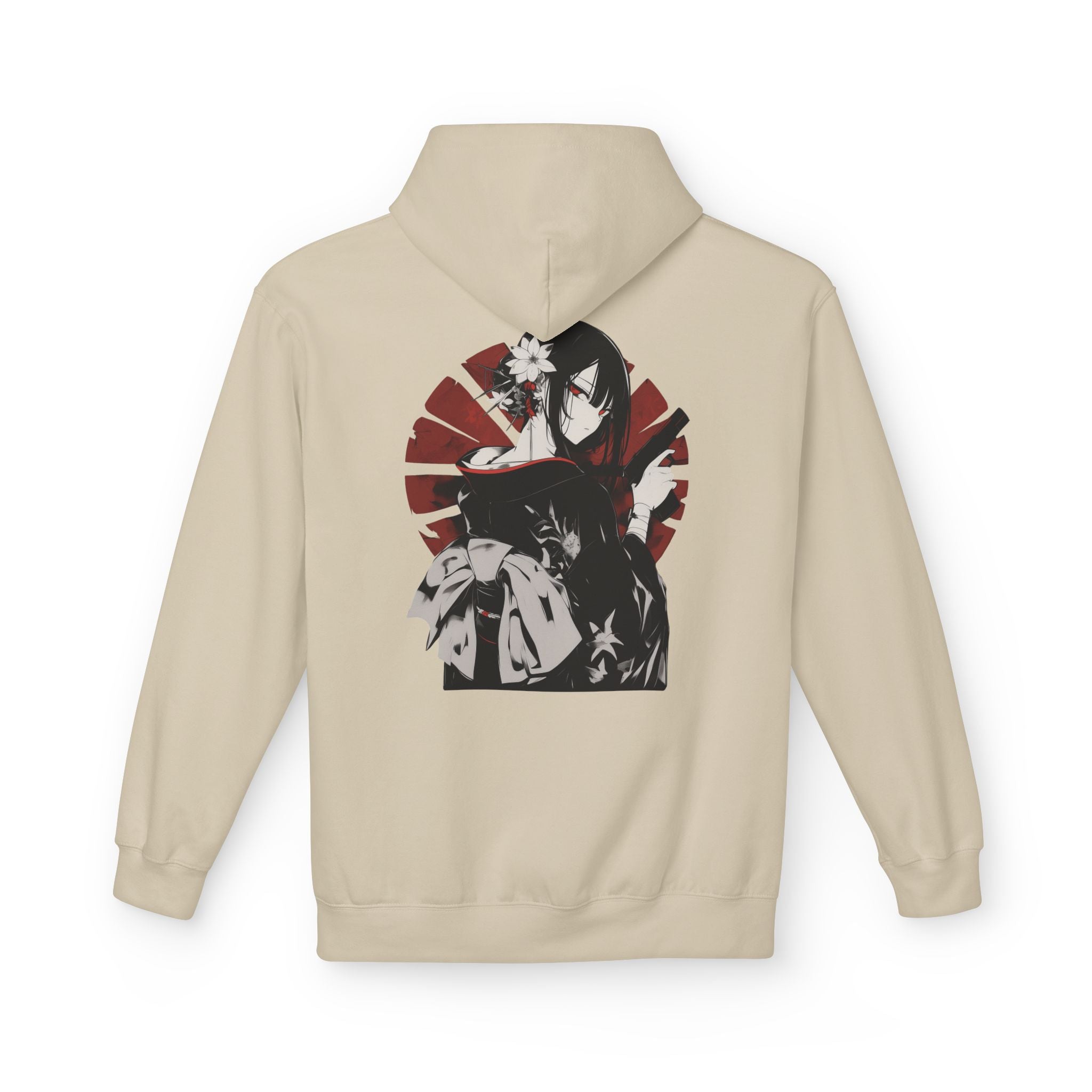 Anime streetwear hoodie with kimono assassin design, red and black Japanese graphic.