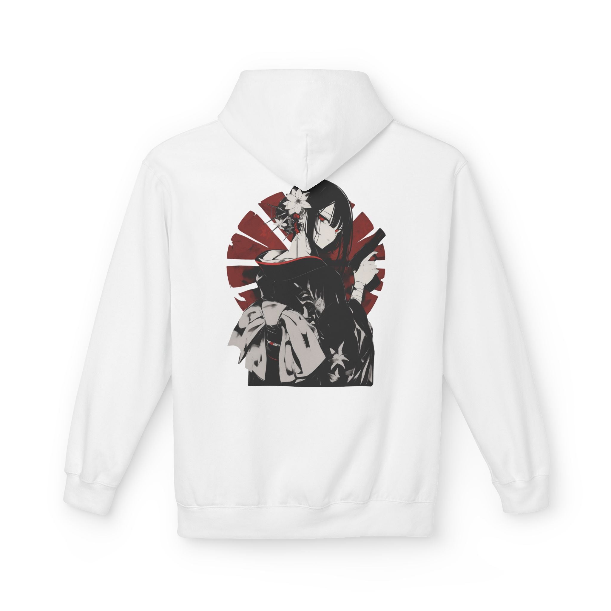 Anime streetwear hoodie with kimono assassin design, red and black Japanese graphic.