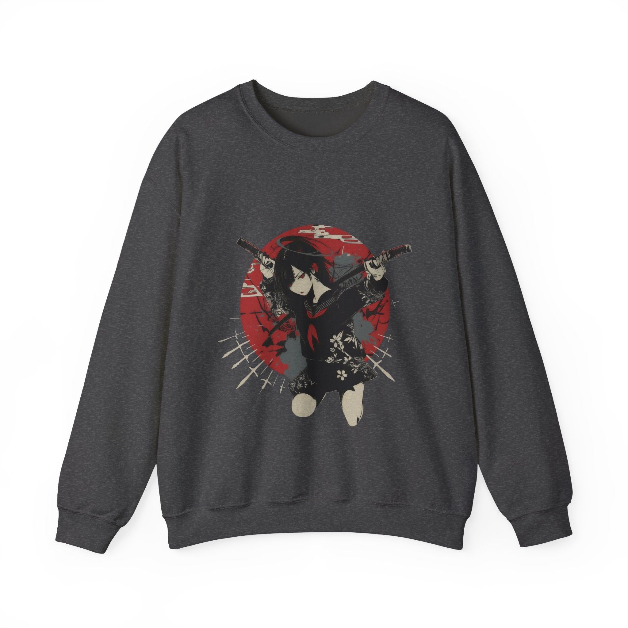 Crimson Silence Blade of Vengeance anime sweatshirt featuring haloed girl with dual swords in front of red Japanese backdrop