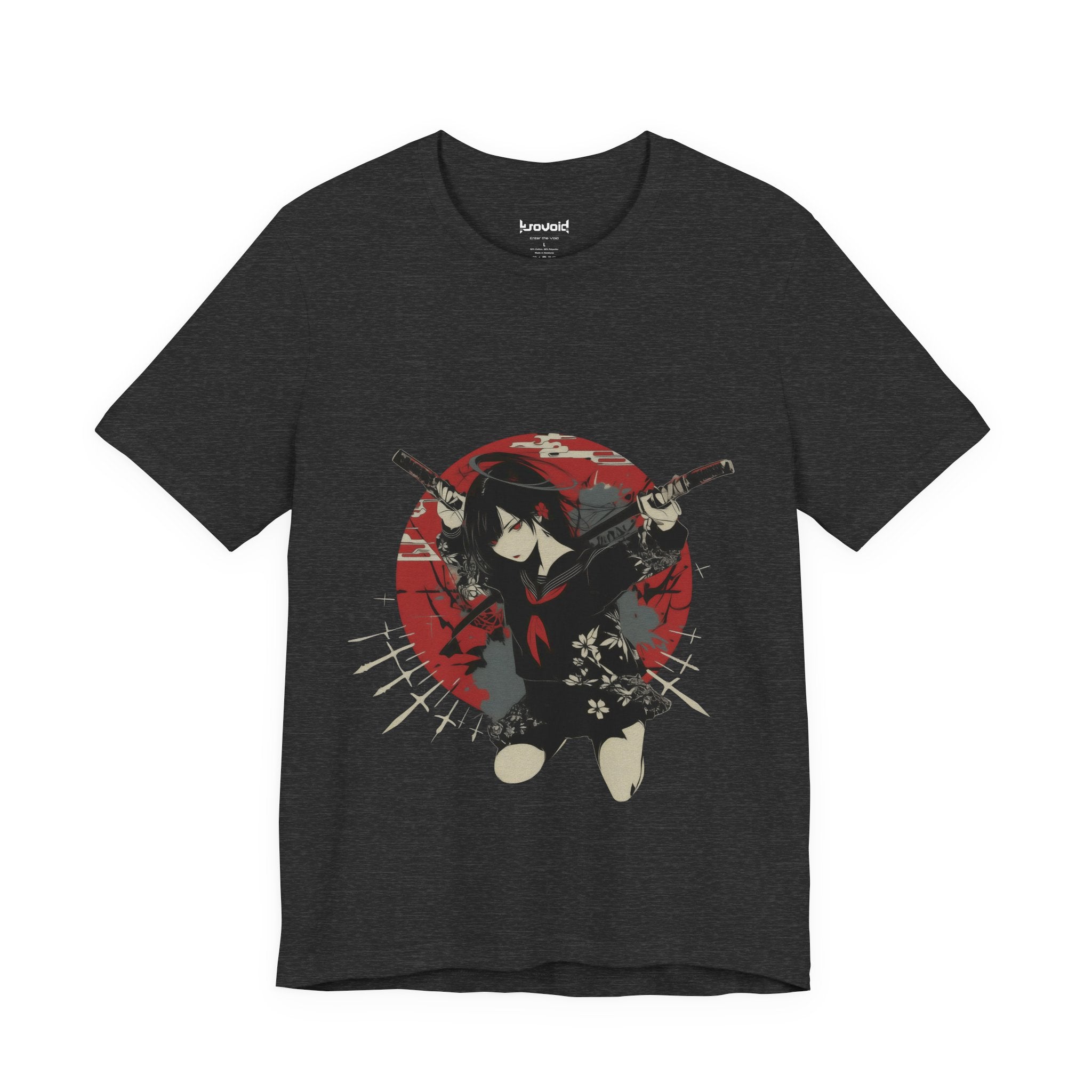 Crimson Silence Blade of Vengeance anime T-shirt featuring girl in black seifuku with dual katanas and red circular backdrop
