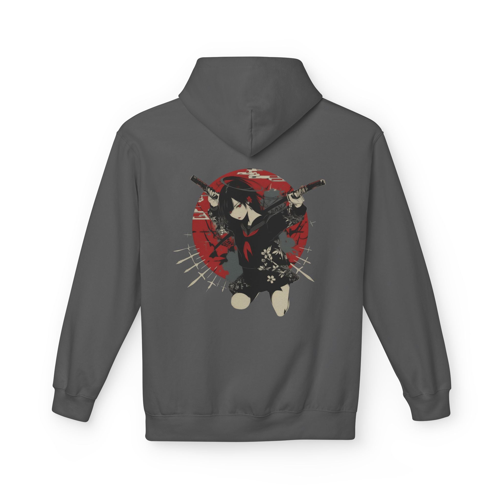Crimson Silence Blade of Vengeance anime hoodie with schoolgirl warrior holding dual katanas, red backdrop and halo