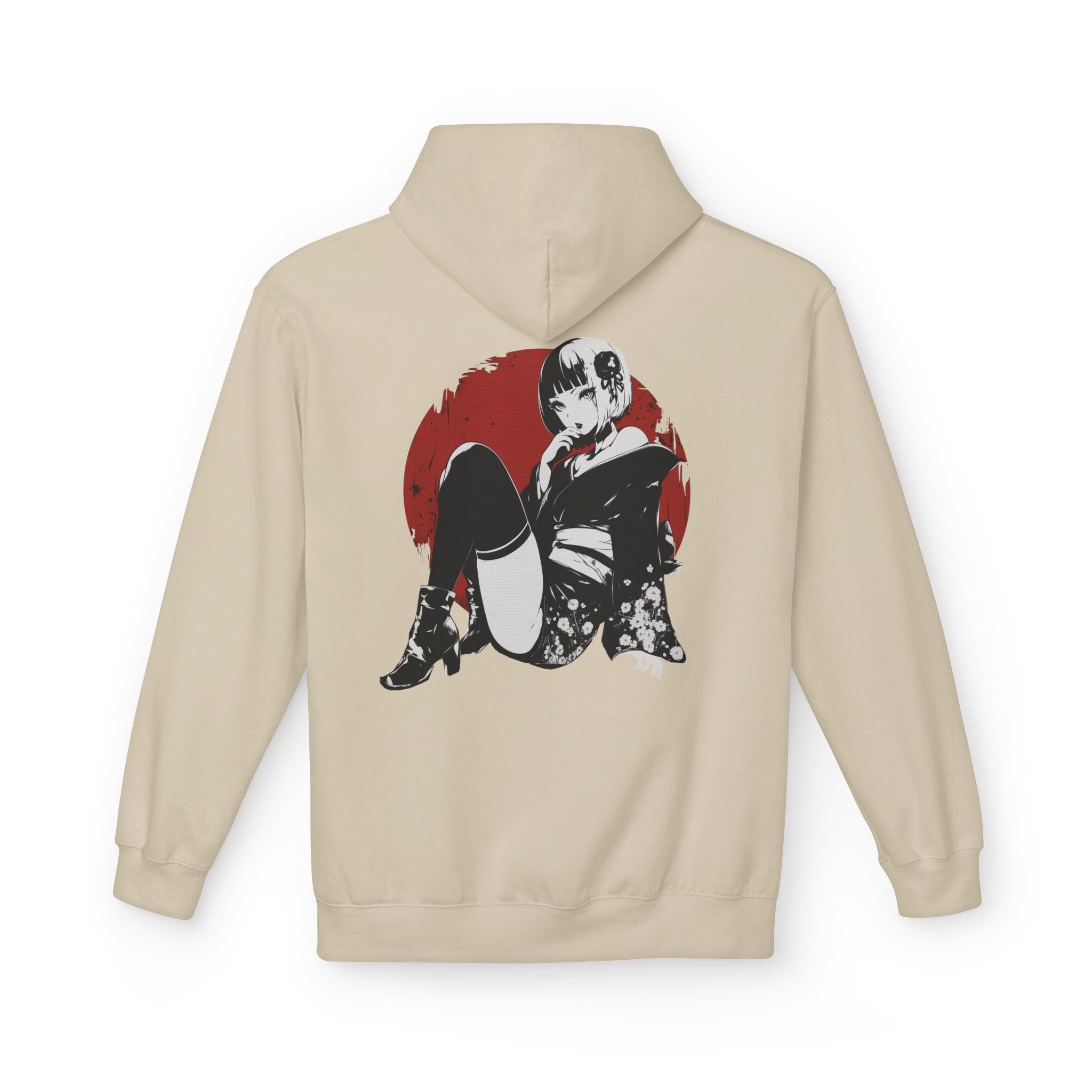 Crimson Silence Scarlet Veil anime hoodie with noir femme fatale in short kimono, floral details, and red circle backdrop