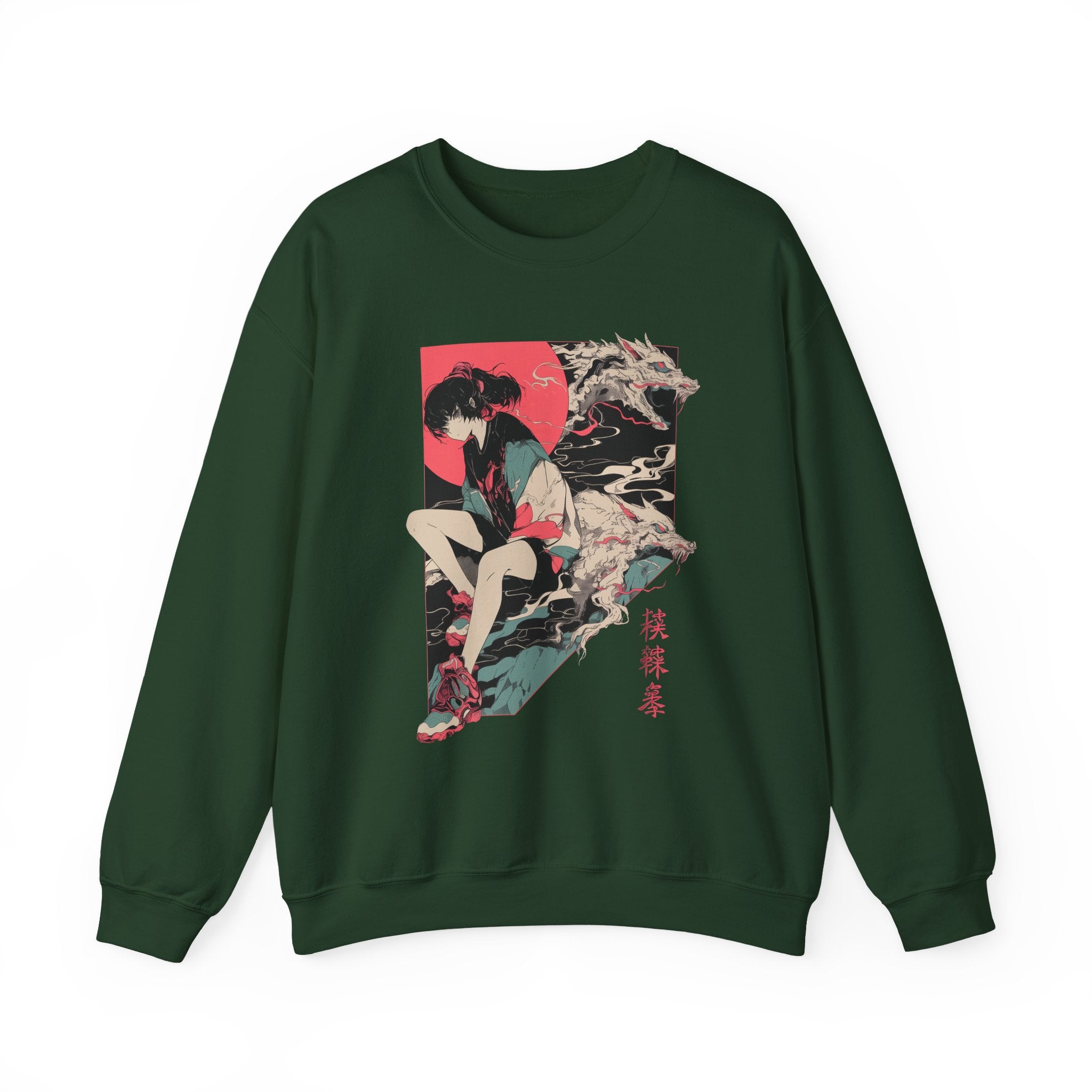 Neon Oni Dragon’s Echo anime sweatshirt with casual girl and dragon spirits, neon red sun background