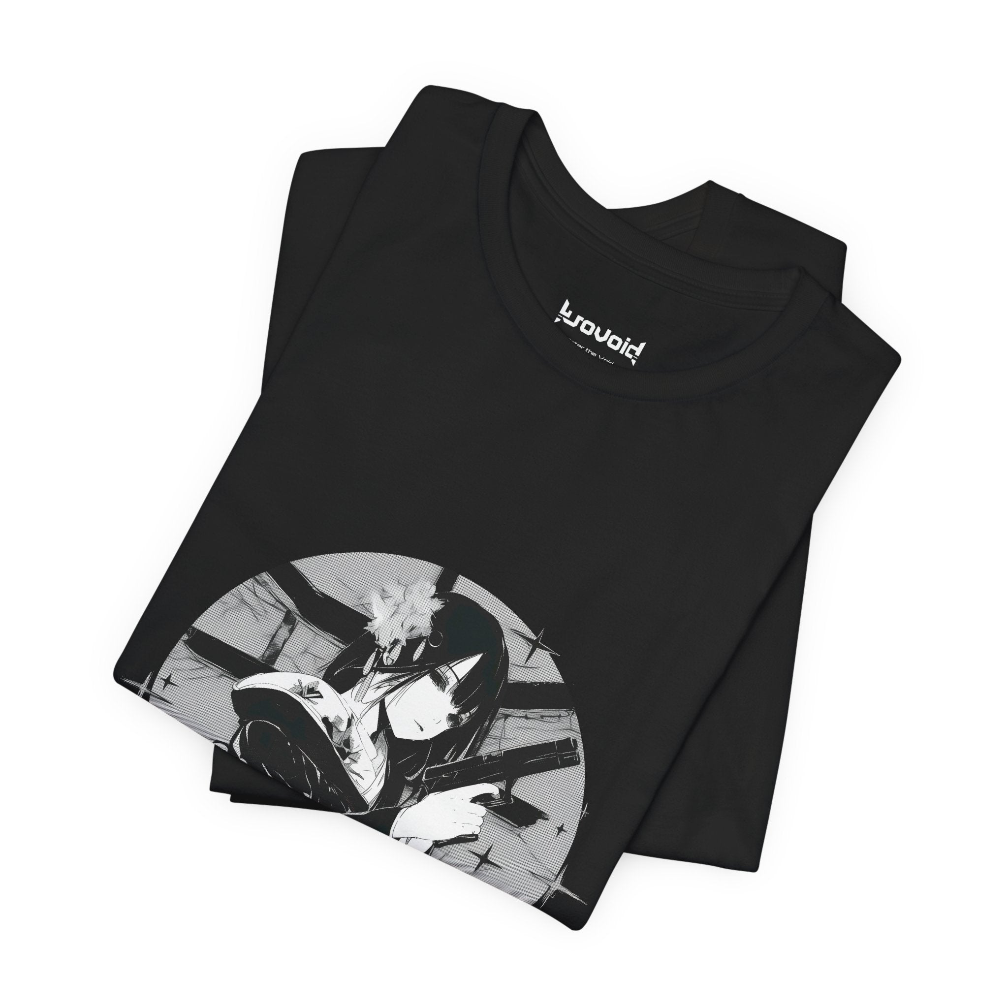 Crimson Silence Black Dahlia anime T-shirt featuring woman in black kimono with handgun and white lilies