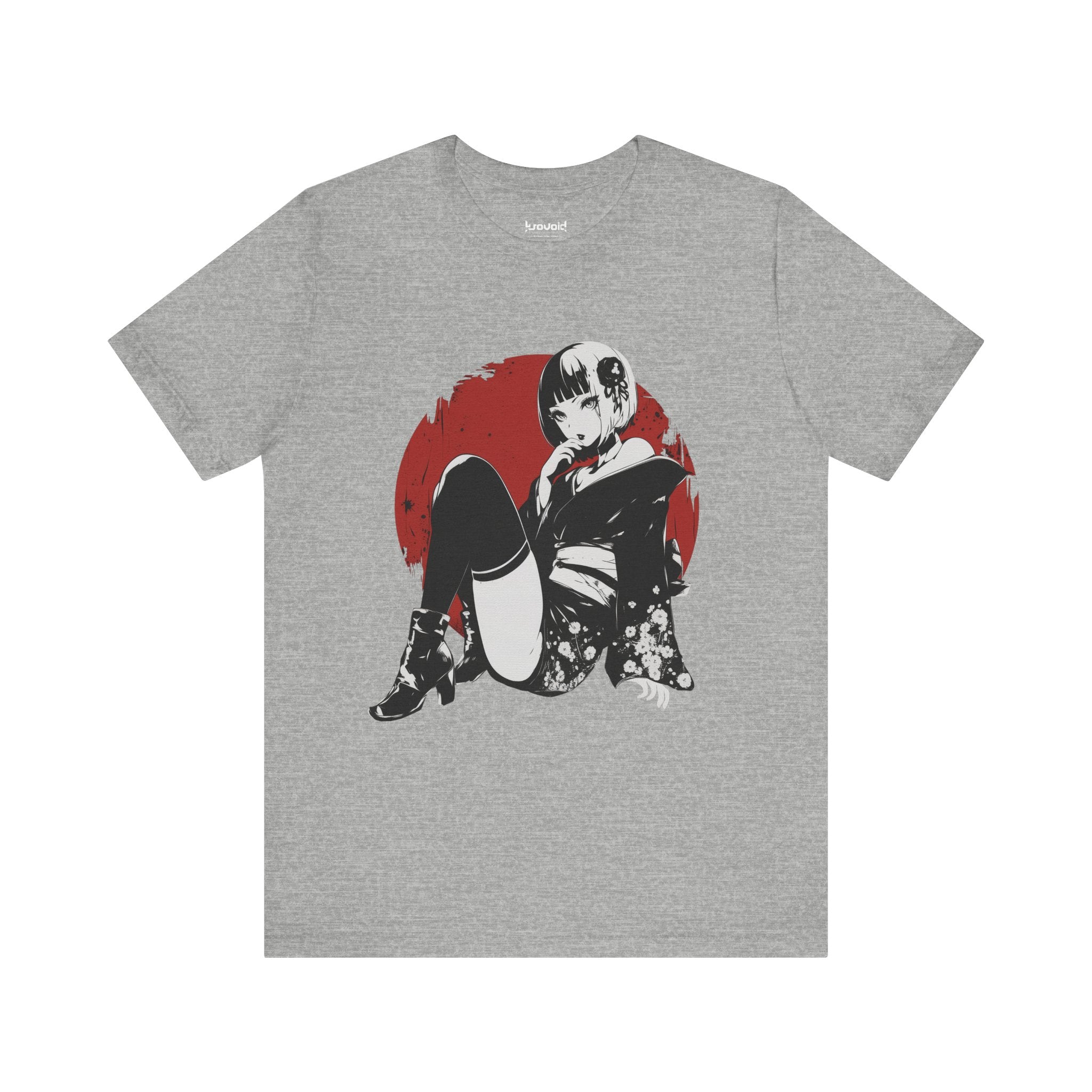 Crimson Silence Scarlet Veil anime T-shirt featuring femme fatale in kimono, thigh-high stockings, and red backdrop