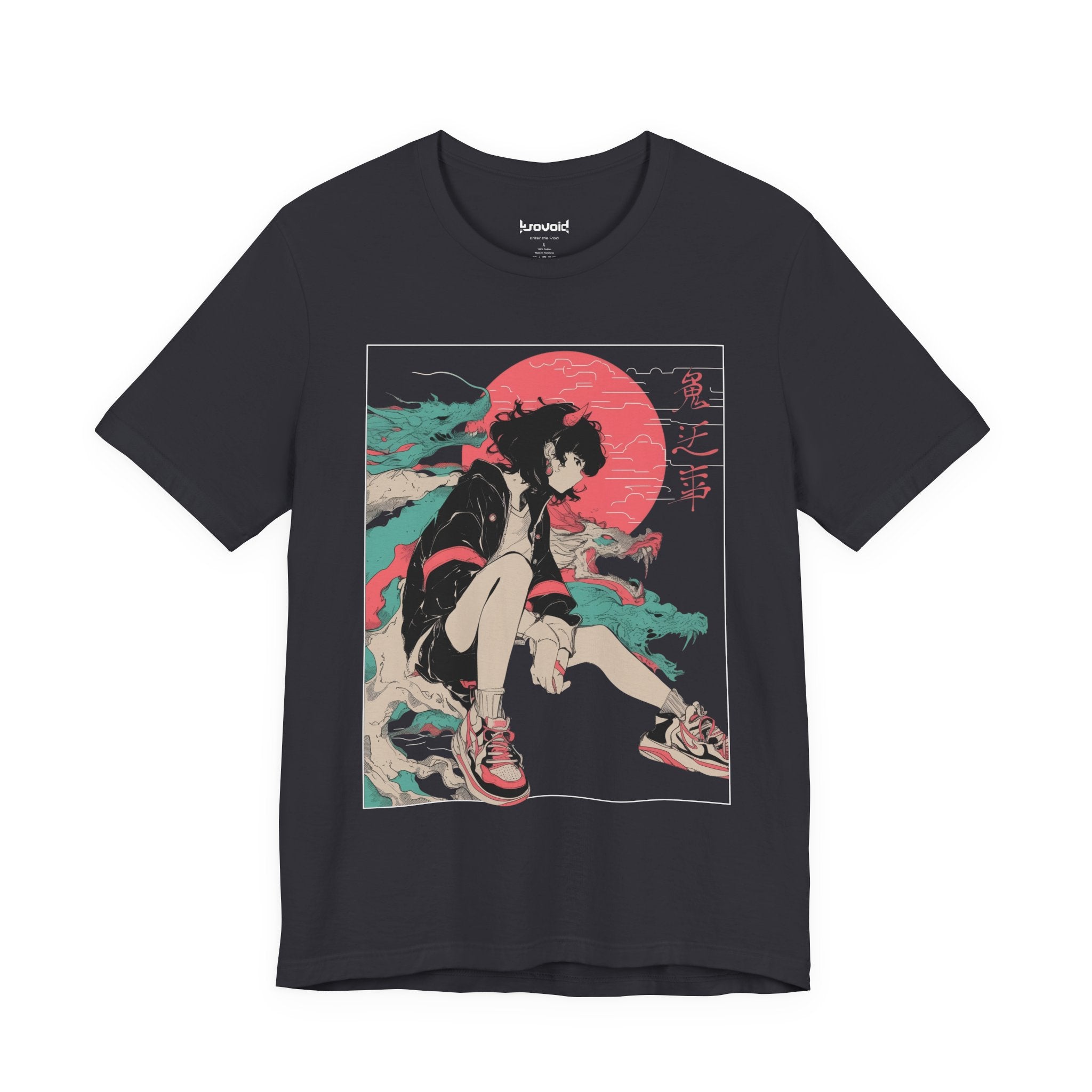 Neon Oni Street Spirit anime T-shirt with horned girl in sneakers, red sun backdrop, and dragon smoke