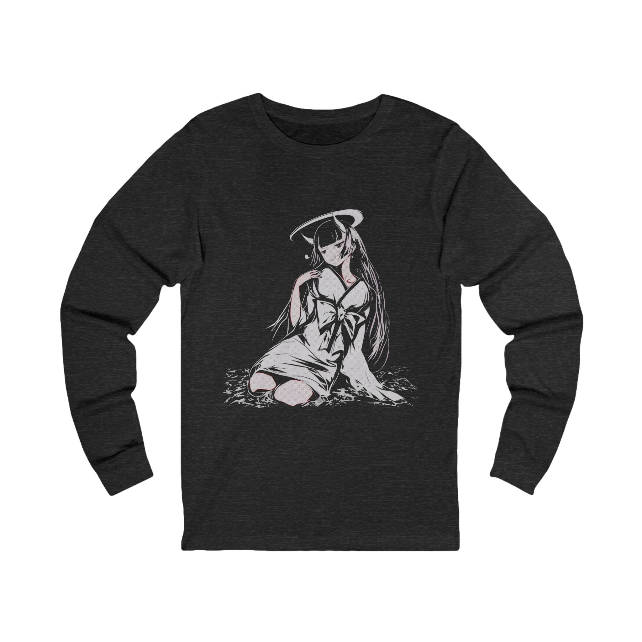 Celestial Oni anime long sleeve shirt with horned girl and halo design in Japanese-inspired style