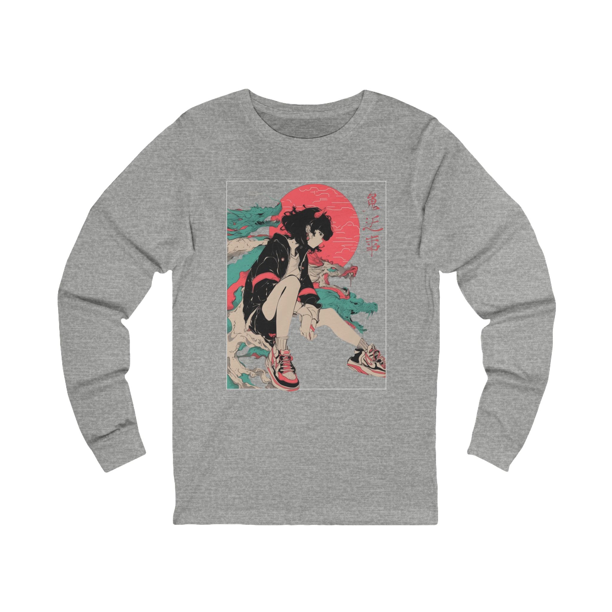 Neon Oni Street Spirit anime long sleeve shirt featuring horned girl in sneakers, neon sun, and dragon smoke artwork
