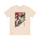 Neon Oni Dragon’s Echo anime T-shirt with modern girl in sneakers, twin dragon spirits, and red sun backdrop