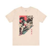 Neon Oni Dragon’s Echo anime T-shirt with modern girl in sneakers, twin dragon spirits, and red sun backdrop