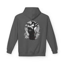 Crimson Silence Black Dahlia anime hoodie with kimono-clad woman holding handgun, lilies and circular backdrop