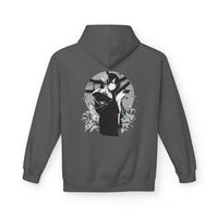 Crimson Silence Black Dahlia anime hoodie with kimono-clad woman holding handgun, lilies and circular backdrop