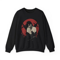 Crimson Silence Aftermath anime sweatshirt featuring somber girl with bloodstained outfit against red Japanese backdrop