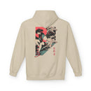 Neon Oni Dragon’s Echo anime hoodie featuring girl in oversized jacket with sneakers, dragon spirits, and neon red sun