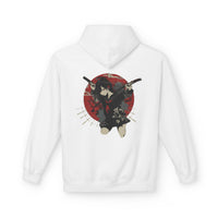 Crimson Silence Blade of Vengeance anime hoodie with schoolgirl warrior holding dual katanas, red backdrop and halo
