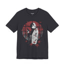Crimson Silence Yakuza Bloom anime T-shirt featuring girl in kimono with handgun, red backdrop and maple leaves