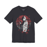 Crimson Silence Yakuza Bloom anime T-shirt featuring girl in kimono with handgun, red backdrop and maple leaves