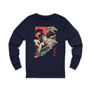 Neon Oni Dragon’s Echo anime long sleeve shirt featuring girl in sneakers and oversized jacket with dragon spirits and neon sun