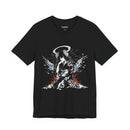 Celestial Oni Blood & Bloom anime T-shirt featuring horned girl in kimono with red and blue abstract splashes