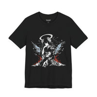 Celestial Oni Blood & Bloom anime T-shirt featuring horned girl in kimono with red and blue abstract splashes