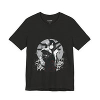 Crimson Silence Black Dahlia anime T-shirt featuring woman in black kimono with handgun and white lilies