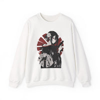 Anime sweatshirt with assassin girl in kimono holding gun, red aesthetic design.