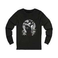 Crimson Silence Black Dahlia anime long sleeve shirt with woman in black kimono, handgun, lilies and circular backdrop